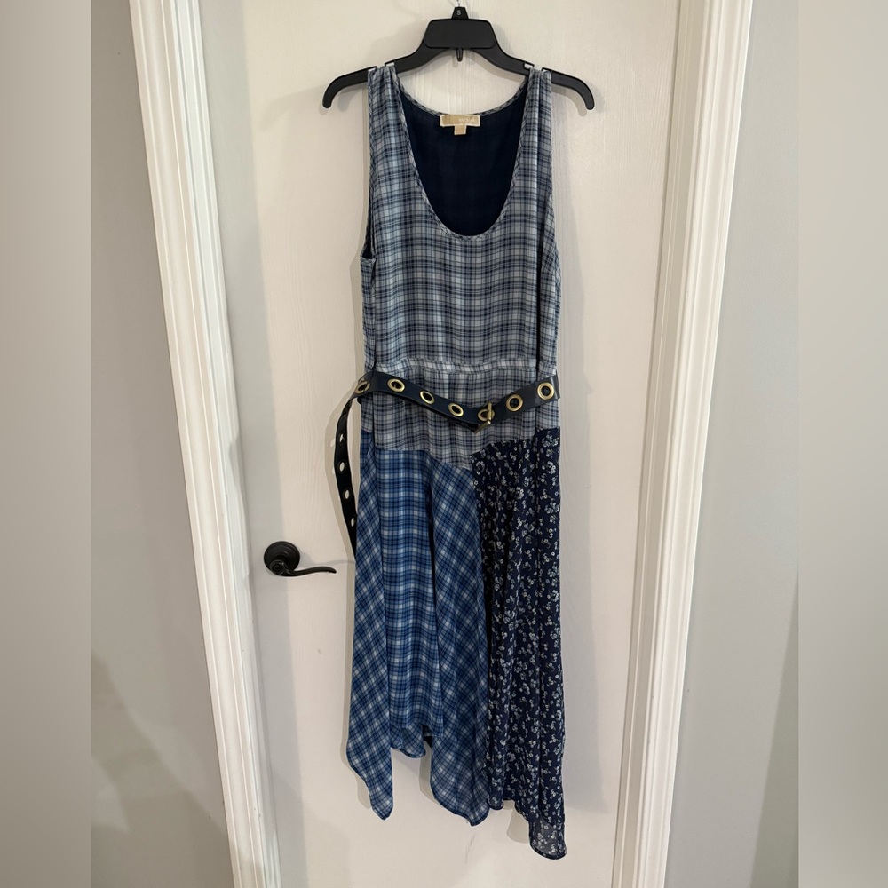 MICHAEL Michael Kors XXL Blue Asymmetrical Plaid Georgette Dress - Picture 3 of 8